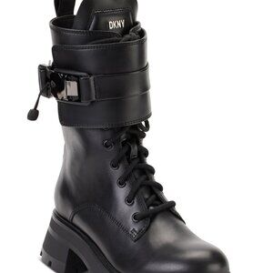 DKNY Womens Padded Pull Tab Buckle Accent Block Heel Zip-up Leather Combat Boots